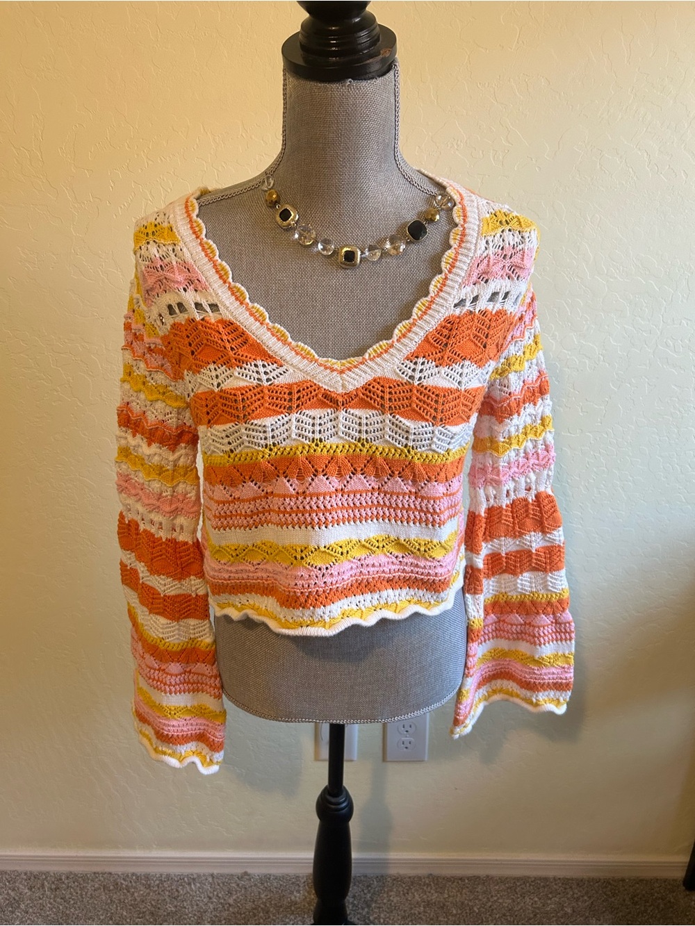 Altar'd State Crocheted V-Neck Striped Sweater in Orange, Pink, Yellow & Cream